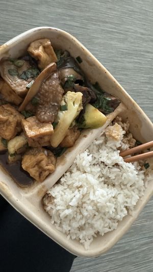 Aubergine and tofu with steam ricee  at Hoi An Pho in Doha