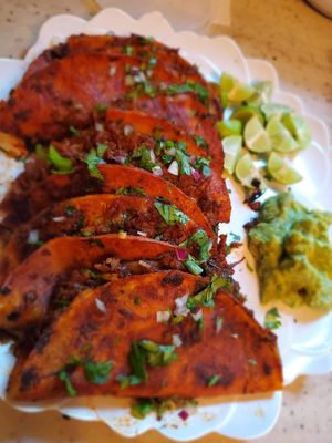 Birria Tacos!
These are tedious to make but once you taste it, it's well worth it! "aneeD for beef", Mexican blend shreds, cilantro, and lime. But it's the consommé for me! at aneeD for Vegan in Norfolk