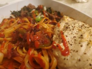 Yok ~
Lo-mein noodles, plant bacon, mock egg yolk, plant Chik'N, diced onion, ketchup, soy sauce, & hot sauce.  at aneeD for Vegan in Norfolk