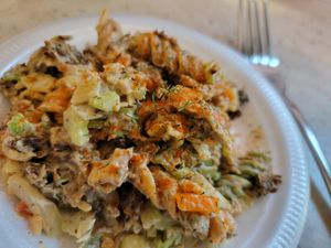 Krab Salad ~
Rotini tri-color pasta salad with oyster mushrooms that have been seasoned with sea seasonings. Very good! (If I do say so myself) at aneeD for Vegan in Norfolk