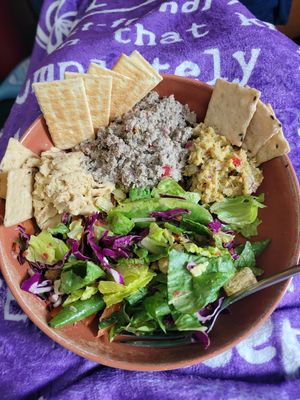 Salad Trifecta!
Hummus, Nuttin' Like Tuna, Chickpea Salad, & Garden Salad, served with crackers.  at aneeD for Vegan in Norfolk