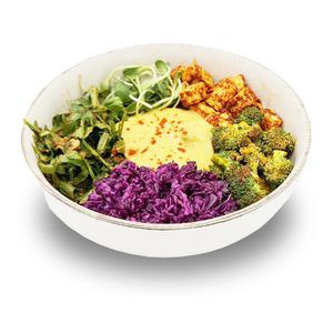 Discover the vibrant flavor of our vegan bowl with crunchy broccoli, delicious tofu, fresh sprouts and a refreshing mango dressing that adds an exotic touch! Savor every bite! at Vegasmo in Brasov