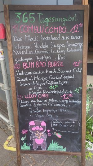 Menu board (July 2024) at vegan 365 Restaurant in Cologne