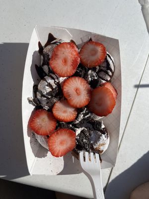 Cookie Monster and added strawberriess  at Monster Baby Donuts - Pop up in Columbus