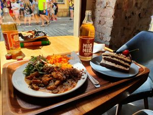 Stroganov and tort brownie at Vega in Wroclaw