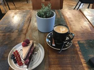 Cake and latte upstairs  at Vega in Wroclaw