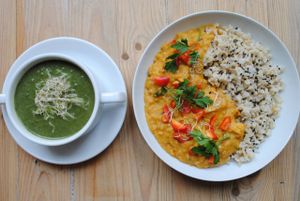 Spinach-leek soup and curry with sweet potato, pumpkin, lentils with brown rice. at Vega in Wroclaw