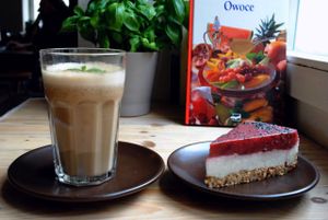 Ice coffee and millet cake with strawberry top. at Vega in Wroclaw