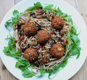 Spaghetti with mushrooms-aubergine sauce and tofu balls. at Vega in Wroclaw