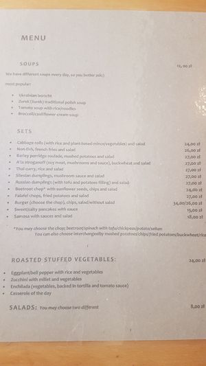 English menu (with sides) at Vega in Wroclaw