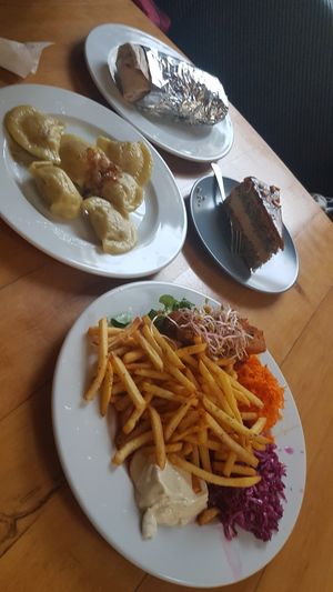 Dumplings + no fish + wrap + peanut cake at Vega in Wroclaw