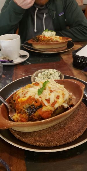 Front Moussaka, in the back Lasagna. Both very tasty. at Vega in Wroclaw