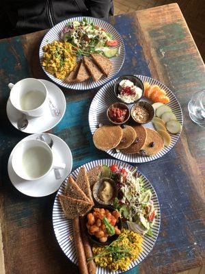 Scrambled tofu, pancakes, English breakfast  at Vega in Wroclaw