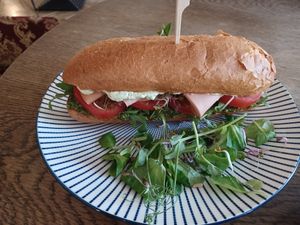 Baguette with soy ham, really delicious pesto and aioli sauce💚 at Vega in Wroclaw