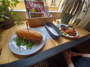 Breakfast soy ham baguette and challah french style at Vega in Wroclaw