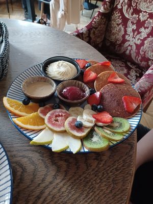 Breakfast pancakes with nice cream and amazing jam at Vega in Wroclaw