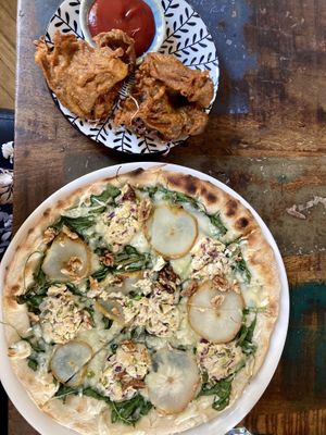 Pizza pear and from the kids menu for some reason: oyster mushrooms  at Vega in Wroclaw