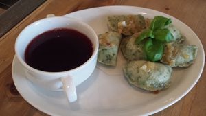 Beetroot soup with spinach-lentil dumplings at Vega in Wroclaw