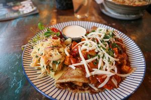 potato pancake with tofu goulash & coleslaw at Vega in Wroclaw