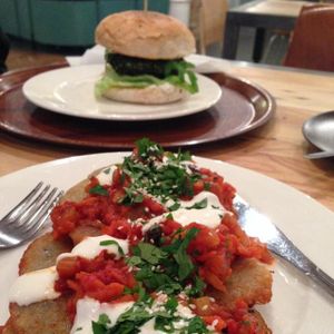 potato cakes and burger at Vega in Wroclaw