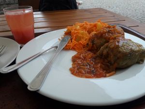 stuffed cabbage, sauce and carrot salad with peach at Vega in Wroclaw