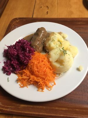 Barley "zraz" with a mushroom sauce, mashed potatoes, and a salad of your choice at Vega in Wroclaw