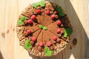 Chocolate-nutty pie with cherry and raspberry. Gluten Free. at Vega in Wroclaw