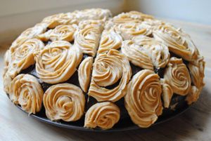 Chocolate pie with peanut cream and strawberry. at Vega in Wroclaw