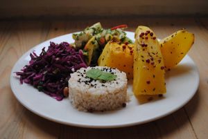 Roasted pumpkin with cumin and garlic, rice and salads. at Vega in Wroclaw