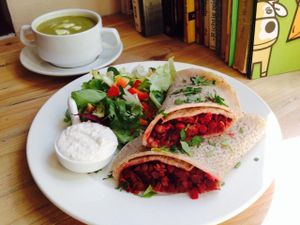 Peas-cinnamon soup with vegan cream, bucwheat crepe with lentils and beetroot nd coconut dip. at Vega in Wroclaw