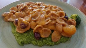 Grano arso with olives, broccoli cream, yummy yellow heritage tomatoes. at Terra Rossa St Paul's in London