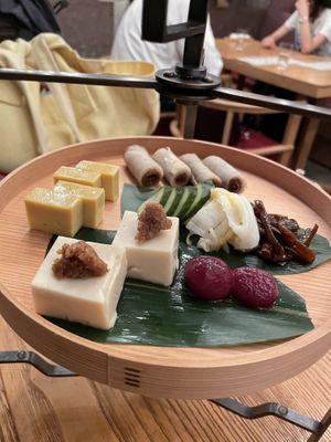 Tofu, pickles, buckwheat rolls, eggs  at Higashiya Ginza in Tokyo