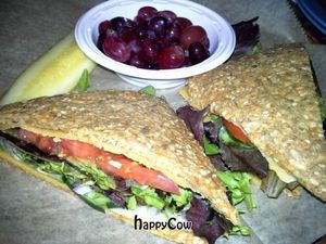 100% Raw/Vegan Shakti Sunshine Sandwich: Two slices of rich cashew cheeze topped with spring mix, tomatoes, red onions and cucumbers. at European Street in Jacksonville