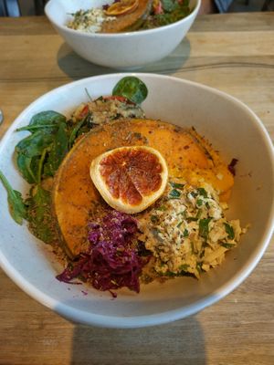 Bowl from the cabinet - pumpkin, tofu scramble, rice, quinoa and other veggies hidden underneath - yum! at Surfcoast Wholefoods in Torquay