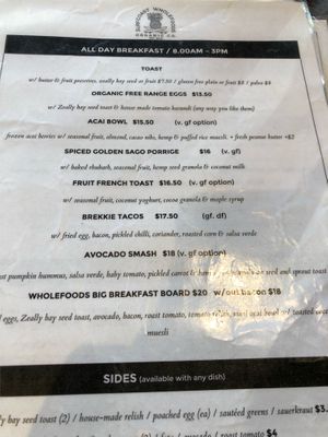 Breakfast menu  at Surfcoast Wholefoods in Torquay