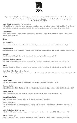 Vegan Tapas Night Menu at Caffi'r Cob in Mold