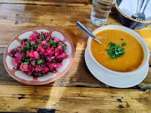 Russian salad and Moroccan soup at Sultan Kabob in Breezewood