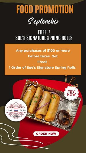Hello September!!! 
🌟 Introducing MadamSue's Free Sue's Signature Thai Spring Roll Offer! 🌟
Stating From September 1st - September 30th ONLY!!! 👌🥳🤩
At Thai Food B at Thai Food By MadamSue in Ridgeland