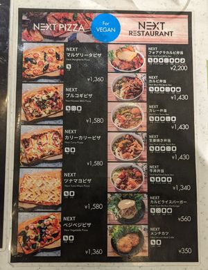 Vegan pizza slices and bowls at Wayback Burger in Tokyo