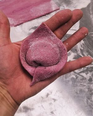 Beetroot tortelloni filled with almond ricotta and lemon myrtle at Cucina Lab in Middle Swan