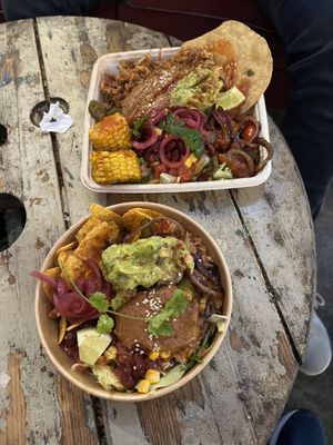 Vegan cassarole (top) and burrito bowl (bottom)  at Moe‘s Taco - Storms Pakhus in Odense