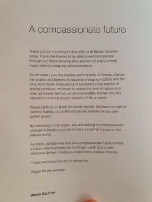 Message on menu #Veganuary at Studio Gauthier in London