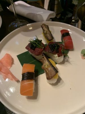 The rainbow nigiri (we ate some before taking this picture!)   at Studio Gauthier in London