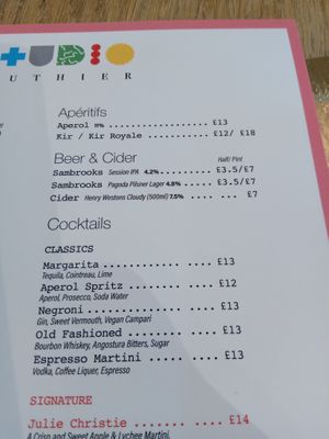 Cocktail, beer and aperitif menu at Studio Gauthier in London
