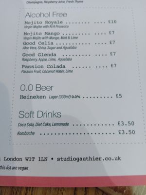 Alcohol-free drinks menu at Studio Gauthier in London