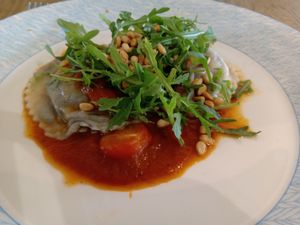 Swiss chard raviolo at Studio Gauthier in London