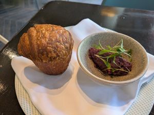 Brioche feuilletée with tapenade at Studio Gauthier in London