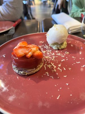 Shortcake and matcha dessertt  at Studio Gauthier in London