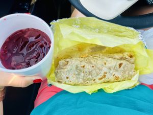 2023.JULY02- Veggie Burrito, beans, rice, salsa, guacamole, lettuce. Jamaica drink Yum!  at Chikiliquis Taco Stand in Mesa