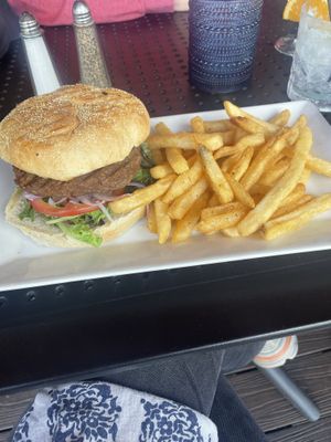Vegan burger with fries   at Lighthouse Grill in Lake George